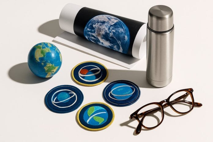 A still-life arrangement of an Earth globe paperweight, a rolled blue-marble poster, three abstract mission patches, and a coffee thermos on a white background.