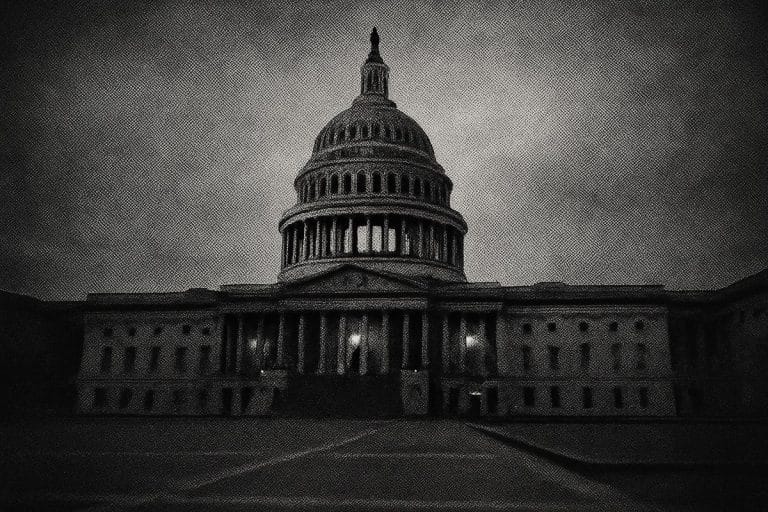 The U.S. Capitol dome photographed at dusk from a low angle, rendered in high-contrast black-and-white with newsprint grain.