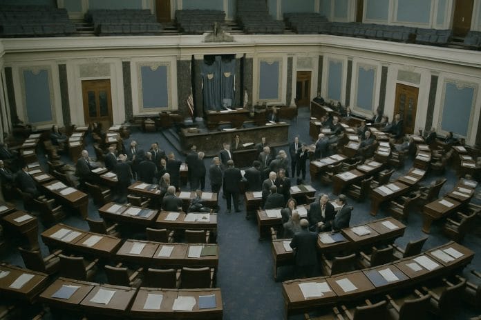 Wide overhead view of the US Senate chamber during a roll-call vote, senators clustered in the aisles under cold fluorescent light.