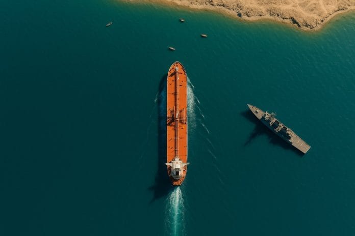 Overhead aerial view of an oil tanker moving through the Strait of Hormuz with a U.S. Navy destroyer nearby in bright turquoise water