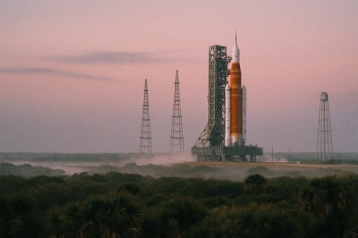 A heavy-lift rocket on a coastal Florida launch pad at dawn. A heavy-lift rocket on a coastal Florida launch pad at dawn.