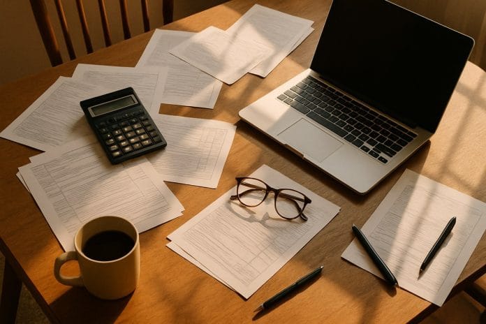 A home dining table turned into a tax-filing workspace. A home dining table turned into a tax-filing workspace.