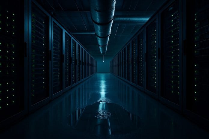 A cold blue-lit server aisle inside a data center with condensation pooling on the concrete floor beneath cooling pipes